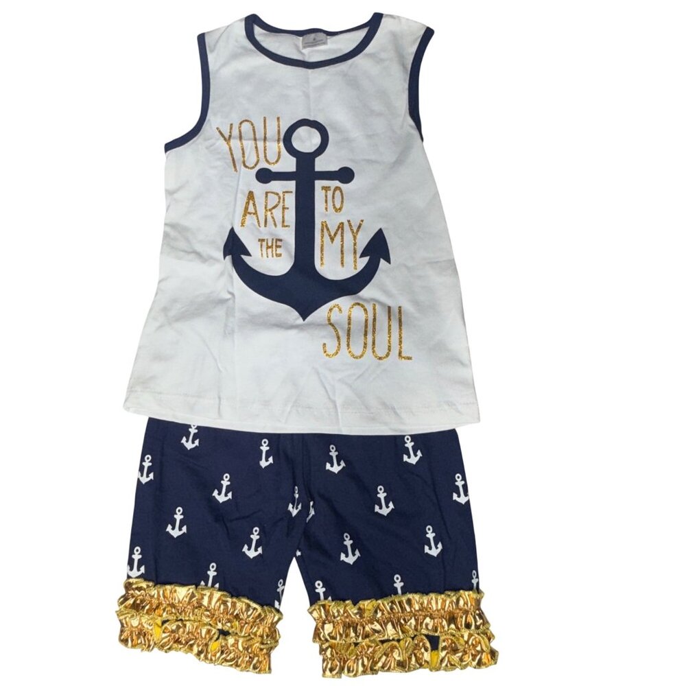 Anchor Girls Outfit Size L 5/6 Sleeveless Anchor Design Blue & White